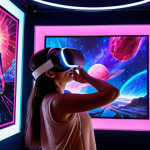 **Digital Art Gallery:** A vibrant and immersive digital art gallery within the metaverse, featuring unique NFT artworks on display. Visitors wearing VR headsets are admiring the art, creating an interactive and engaging experience.