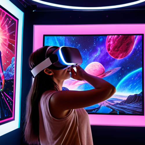 **Digital Art Gallery:** A vibrant and immersive digital art gallery within the metaverse, featuring unique NFT artworks on display. Visitors wearing VR headsets are admiring the art, creating an interactive and engaging experience.