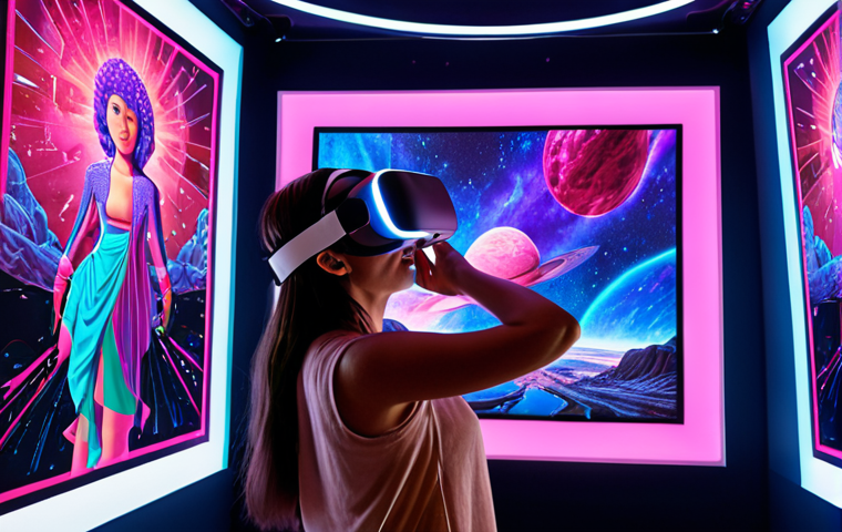 **Digital Art Gallery:** A vibrant and immersive digital art gallery within the metaverse, featuring unique NFT artworks on display. Visitors wearing VR headsets are admiring the art, creating an interactive and engaging experience.