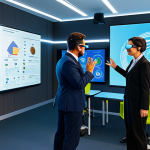 A diverse group of adults, fully clothed in professional and modest attire, actively engaging in an immersive virtual reality educational seminar. They are depicted in a vibrant, futuristic metaverse classroom, with holographic displays showcasing interactive lessons on digital skills and ethical AI. One individual is using a virtual sign language interface, while another navigates with voice commands, highlighting universal accessibility. The scene embodies inclusive learning and seamless digital interaction, set in a bright, clean environment with advanced technology seamlessly integrated. safe for work, appropriate content, family-friendly, fully clothed, perfect anatomy, correct proportions, natural pose, well-formed hands, proper finger count, natural body proportions, professional photography, high quality.