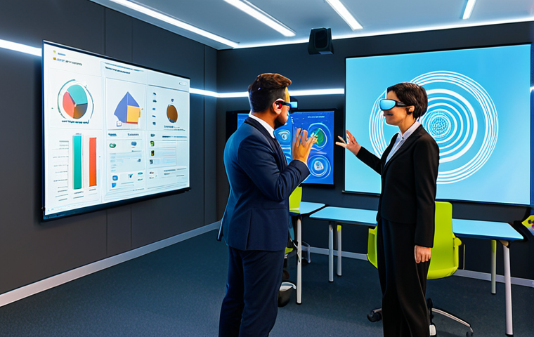 A diverse group of adults, fully clothed in professional and modest attire, actively engaging in an immersive virtual reality educational seminar. They are depicted in a vibrant, futuristic metaverse classroom, with holographic displays showcasing interactive lessons on digital skills and ethical AI. One individual is using a virtual sign language interface, while another navigates with voice commands, highlighting universal accessibility. The scene embodies inclusive learning and seamless digital interaction, set in a bright, clean environment with advanced technology seamlessly integrated. safe for work, appropriate content, family-friendly, fully clothed, perfect anatomy, correct proportions, natural pose, well-formed hands, proper finger count, natural body proportions, professional photography, high quality.