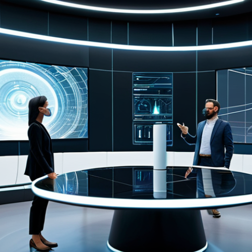 A diverse group of professional businesspeople in a modern, futuristic metaverse meeting room. They are fully clothed in modest business casual attire. They are gathered around a large, interactive 3D holographic model of a new product design, pointing and discussing details with focused expressions. The virtual environment is sleek and well-lit, emphasizing seamless immersive collaboration. Perfect anatomy, correct proportions, natural poses, well-formed hands, proper finger count. Professional photography, high quality, safe for work, appropriate content, family-friendly.