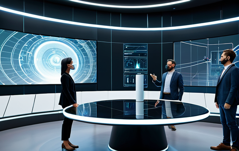 A diverse group of professional businesspeople in a modern, futuristic metaverse meeting room. They are fully clothed in modest business casual attire. They are gathered around a large, interactive 3D holographic model of a new product design, pointing and discussing details with focused expressions. The virtual environment is sleek and well-lit, emphasizing seamless immersive collaboration. Perfect anatomy, correct proportions, natural poses, well-formed hands, proper finger count. Professional photography, high quality, safe for work, appropriate content, family-friendly.