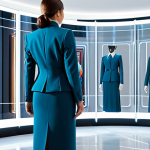 A professional Italian businesswoman, fully clothed in a modest, elegant business suit, stands in a sleek, futuristic virtual showroom. She is observing a holographic display of a highly detailed, digitally rendered designer dress that embodies Italian craftsmanship. The background features subtle architectural lines of a metaverse building, reflecting cutting-edge digital design. Perfect anatomy, correct proportions, natural pose, well-formed hands, proper finger count, natural body proportions. Professional photography, high quality, studio lighting, sharp focus, vibrant colors. Safe for work, appropriate content, fully clothed, professional, family-friendly.