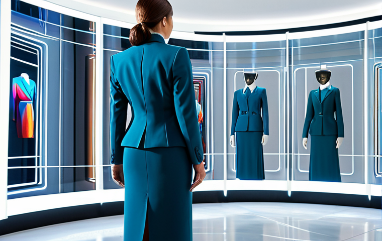 A professional Italian businesswoman, fully clothed in a modest, elegant business suit, stands in a sleek, futuristic virtual showroom. She is observing a holographic display of a highly detailed, digitally rendered designer dress that embodies Italian craftsmanship. The background features subtle architectural lines of a metaverse building, reflecting cutting-edge digital design. Perfect anatomy, correct proportions, natural pose, well-formed hands, proper finger count, natural body proportions. Professional photography, high quality, studio lighting, sharp focus, vibrant colors. Safe for work, appropriate content, fully clothed, professional, family-friendly.