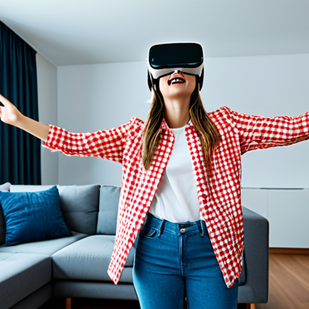 Virtual Concert Experience**

"A young woman wearing trendy but modest clothing is enjoying a virtual concert through a VR headset in her modern living room, fully clothed, appropriate attire, safe for work, perfect anatomy, natural proportions, vibrant colors, professional photography, high quality, family-friendly."

**