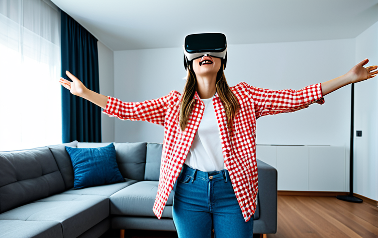 Virtual Concert Experience**

"A young woman wearing trendy but modest clothing is enjoying a virtual concert through a VR headset in her modern living room, fully clothed, appropriate attire, safe for work, perfect anatomy, natural proportions, vibrant colors, professional photography, high quality, family-friendly."

**