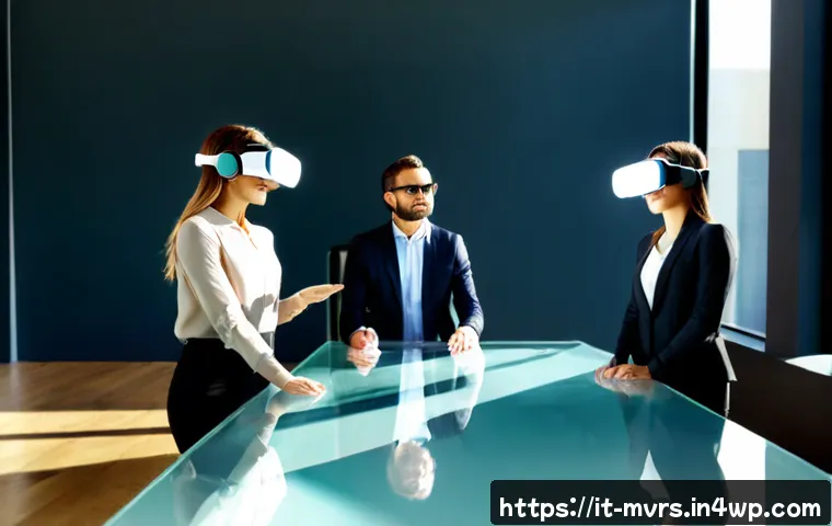 메타버스에서의 비즈니스 성장 전략 - Photorealistic Italian business team in a bright Milan-style modern office using augmented reality h...
