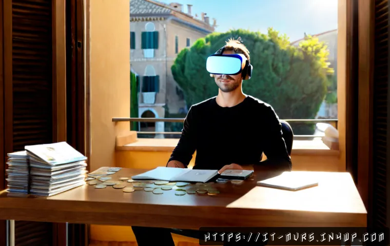 Home 13 메타버스 플랫폼별 수익 모델 차이점 - Photorealistic modern Italian home office, an adult entrepreneur wearing a sleek VR headset seated a...