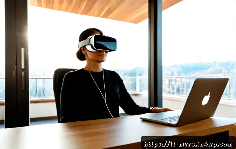 Home 17 메타버스에서의 사용자 데이터 보호 - Photorealistic Italian home office in Milan, a middle-aged woman wearing a sleek virtual reality hea...